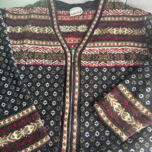 Vtg Fashion Bug Sweater Large Multicolor Cardigan Zip Up Nordic Cabin Wool Blend